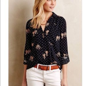Anthro Maeve Polka Dot Leopard Printed Button Top